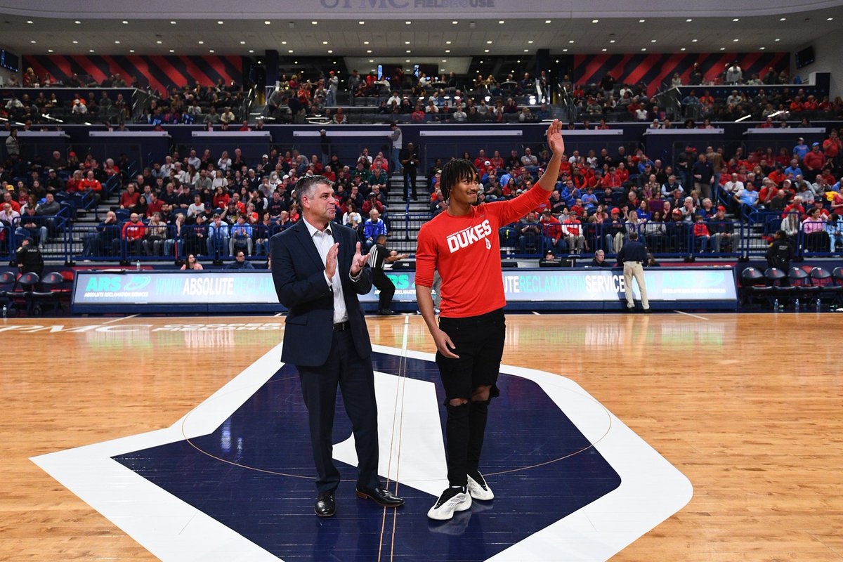 DuqMSoccer's tweet photo. At last Friday’s @DuqMBB game, Jayden was recognized for becoming the first person in program history to be selected in the first round of the MLS SuperDraft. 

Best of luck in preseason with the Columbus Crew 🙌

#GoDukes | @JaydenDa5 https://t.co/6tSXwC4lJs