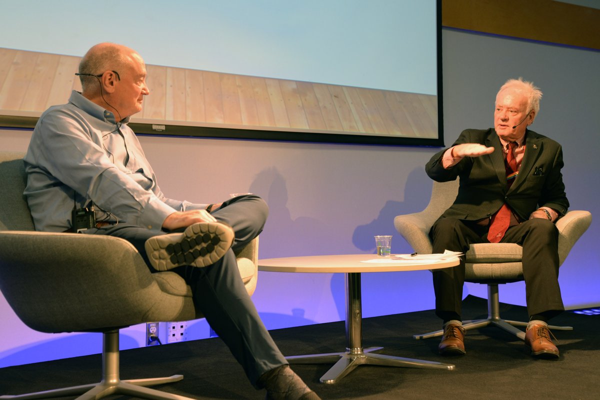 Public policy expert Dr. Don Wright and KPU President and Vice-Chancellor Dr. Alan Davis in conversation this afternoon at <a href="/KwantlenU/">KwantlenU</a> in #SurreyBC at the President's Dialogue Series.