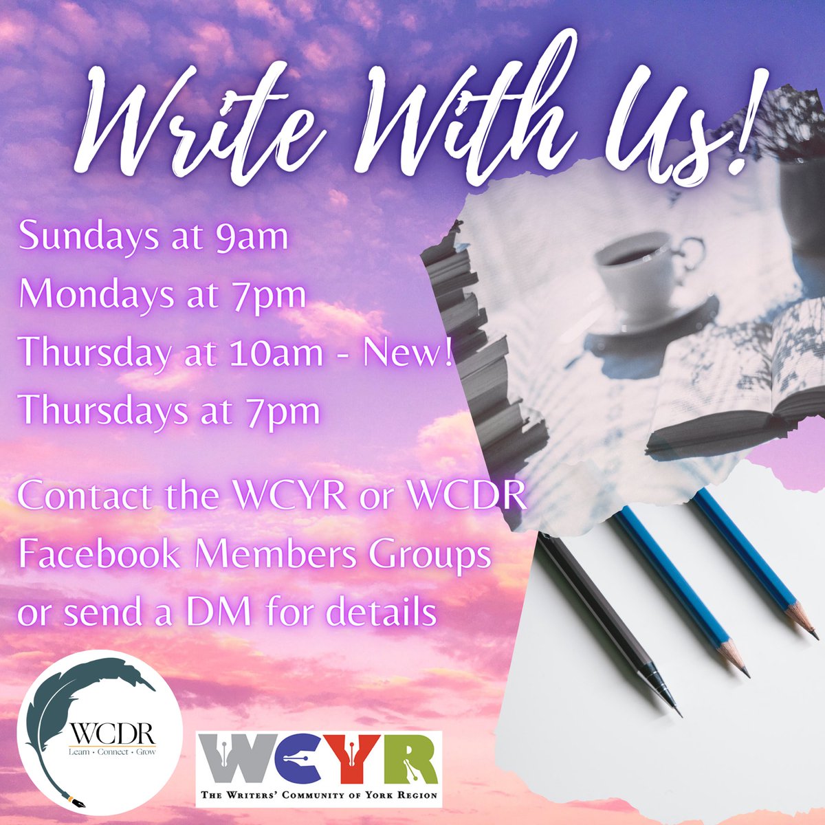 wcyrca's tweet photo. Write with us! Sundays at 9am, Mondays at 7pm, Thursday at 10am, Thursdays at 7pm Contact the WCYR or WCDR Facebook Members Groups or send a DM for details
#wcdr #writersofyork #writersofdurhamregion #writerscommunity #writersofdurham #writersofyorkregion #writein #wcyr #wcyrca https://t.co/AWIj3uSMq3