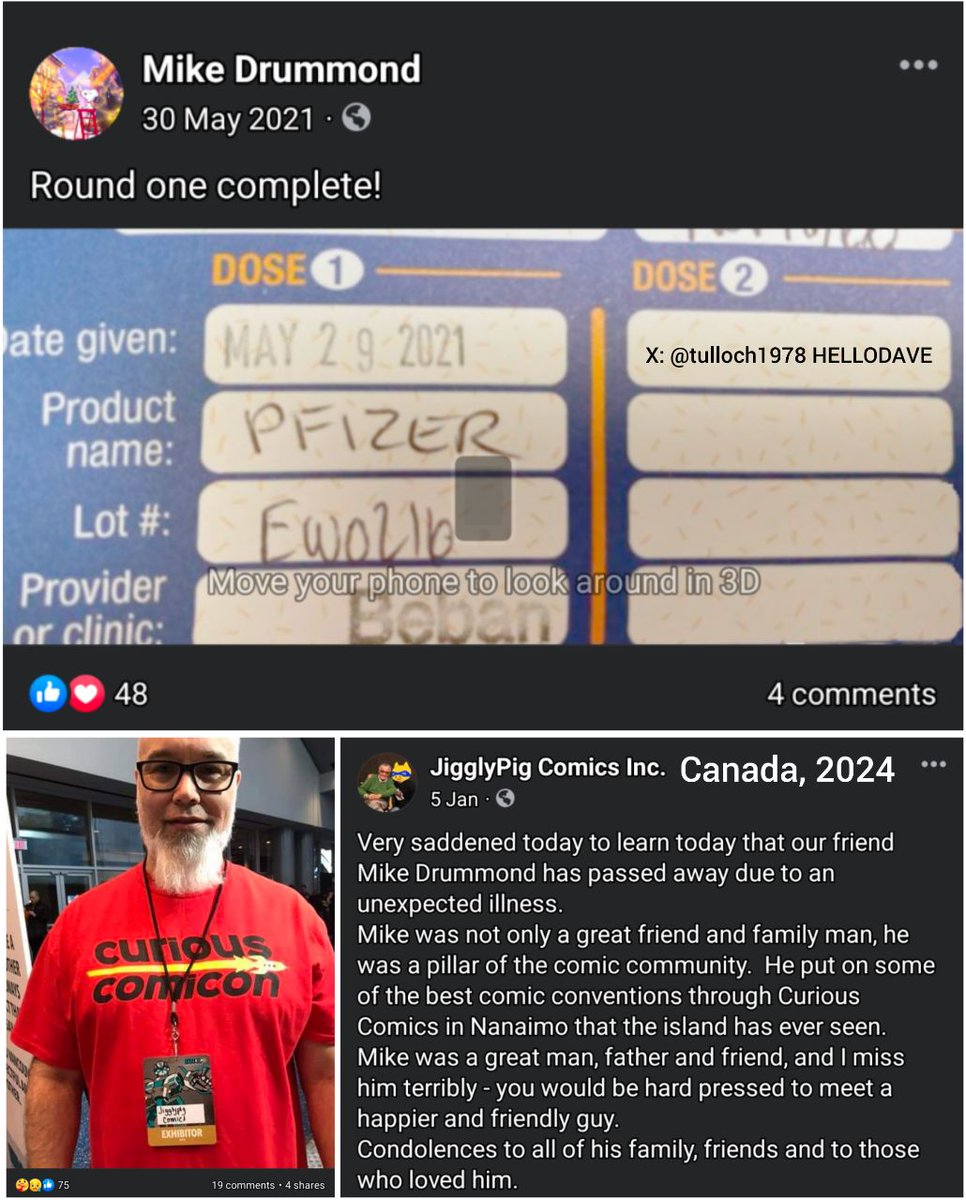 tulloch1978's tweet photo. Canada, Mike Drummond.
#diedsuddenly (Jan 2024)

"Round One Complete!" #Pfizer

"Very saddened today to learn today that our friend Mike Drummond has passed away due to an unexpected illness." https://t.co/WskiBxvX37
