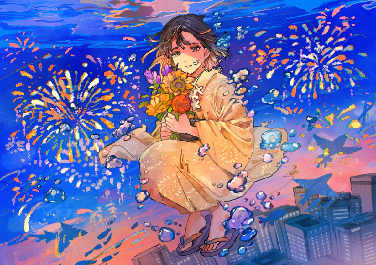 1girl bubble solo flower kimono japanese clothes fireworks  illustration images
