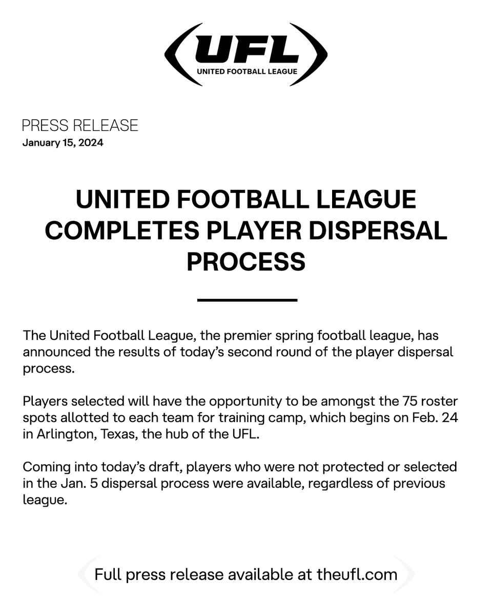 UFL_PR's tweet photo. The United Football League, the premier spring football league, has announced the results of today’s second round of the player dispersal process.

Read more: https://t.co/5I5FO2KtQK https://t.co/b6lTDQHSjR