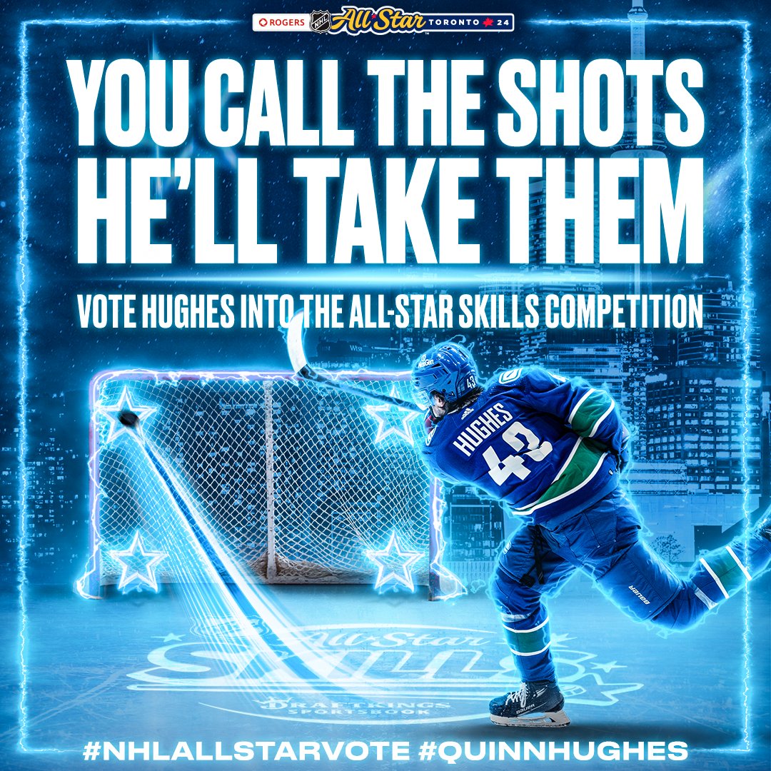 Call the shots and vote Quinn Hughes into the #NHLAllStar Skills Competition! #NHLAllStarVote Quinn Hughes ⭐️ 1 RT = 1 VOTE ⭐️ Plus, vote at NHL.com/vote