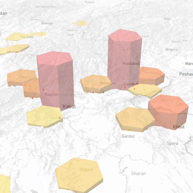 My second #MapPromptMonday! This week's theme is hexagons, which was a fun opportunity to do some more exploring with #Mapbox GL JS. Visualizing @UCDP from Afghanistan and Tajikistan over time. Link here: bit.ly/3vES2VB