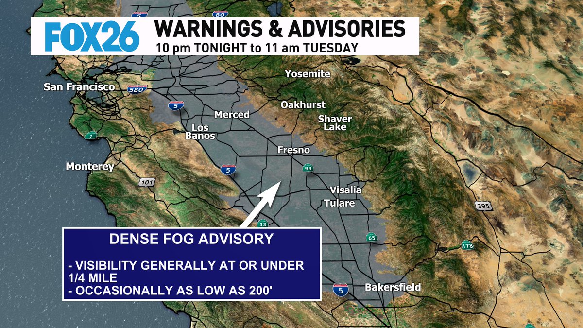 It's deja vu all over again: another Dense Fog Advisory has been issued for the San Joaquin Valley for tonight, but ALSO includes the Sacramento Valley this time as well.
#CAwx #SanJoaquinValley #SacramentoValley #CentralValley #fog