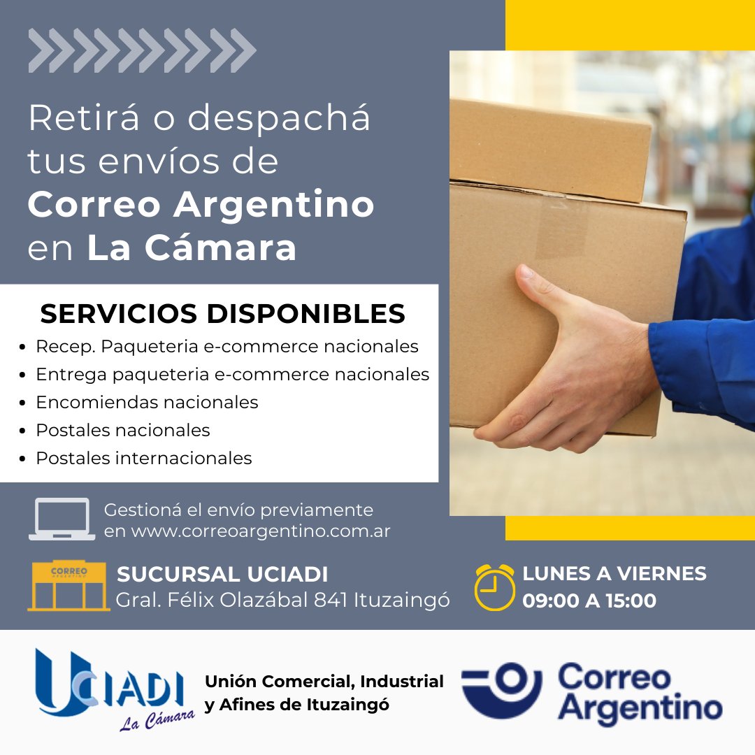 uciadilacamara's tweet photo. 📦Somos sucursal de @CorreoOficialSA 

Despachá y retirá paquetería y encomiendas que hayas gestionado previamente desde la web💻 https://t.co/ssWFMweQFF

📍Gral. Félix Olazábal 841 Ituzaingó
🕰Lunes a viernes de 9 a 15 hs. https://t.co/kASoOAUA0i