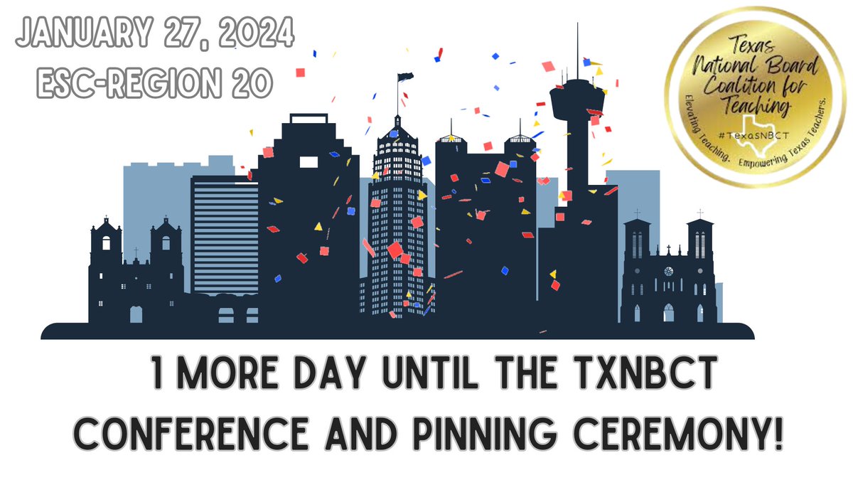Tomorrow is the big day! 1 more day until we gather to learn and celebrate! Register today!  txnbct.wildapricot.org
#texasteaching #Accomplishedteaching @nbpts @TexasNBCT @ESCRegion20