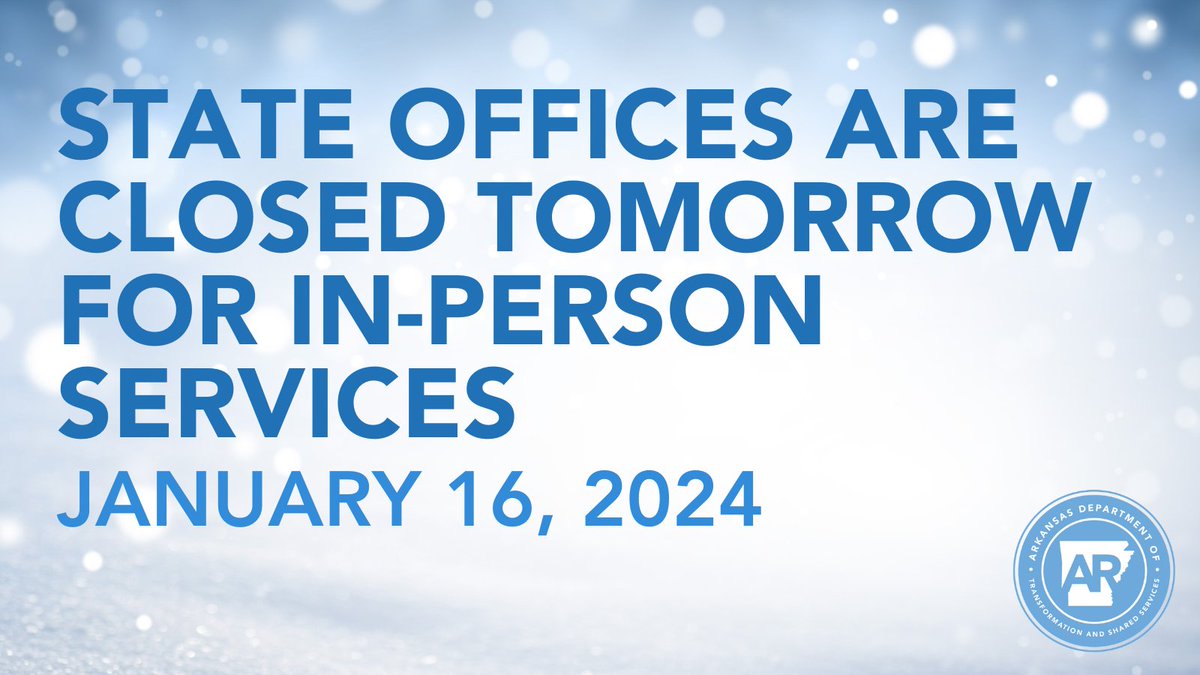 SASArkansas's tweet image. Due to poor road conditions, state offices will switch to telework tomorrow, January 16th. State employees who can telework should do so. If you have any questions, please contact your manager. Be safe!