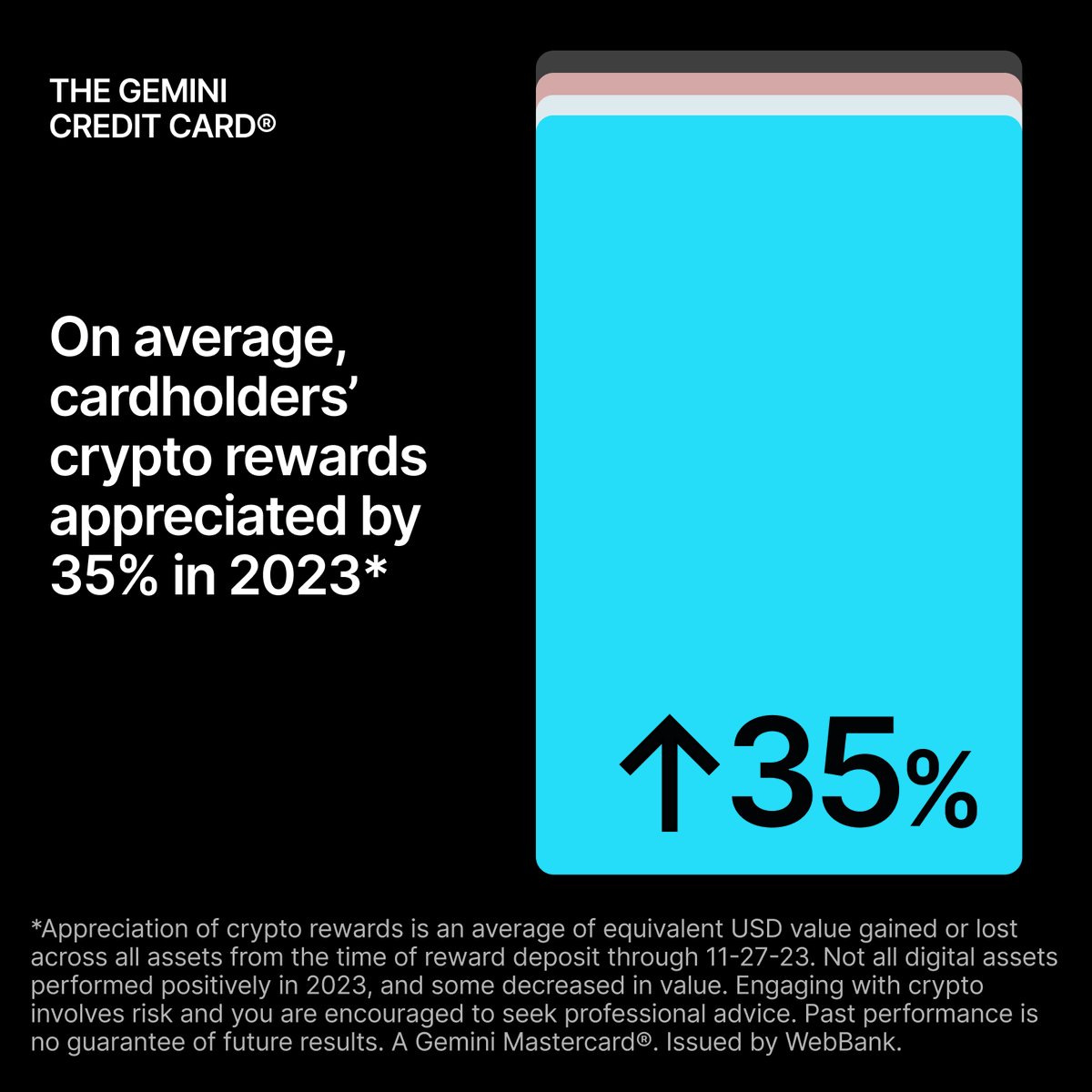 Apply for the @Gemini Credit Card, on average cardholders crypto rewards  appreciated by 35% in 2023 Maximize your rewards today:  https://t.co/ltqYeMQUOp Issued by WebBank. Gemini Credit Card and Rewards  Program terms and
