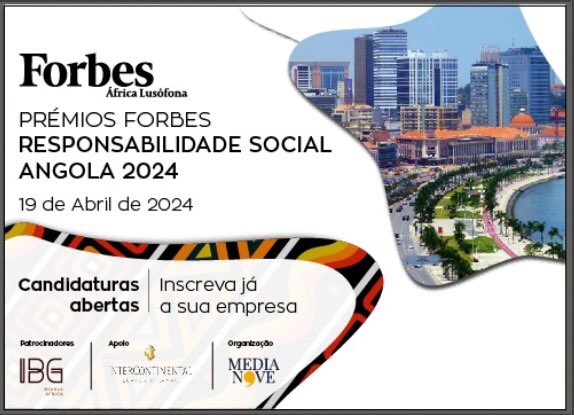 jcl100's tweet photo. Já estão abertas as candidaturas para a edição de 2024 dos Premios Forbes África Lusófona de Responsabilidade Social! No dia 19 de Abril serão conhecidos os grandes vencedores na gala a realizar na cidade de Luanda. Inscrevam-se aqui: https://t.co/w9euI0emqP https://t.co/GgVj44kKHP