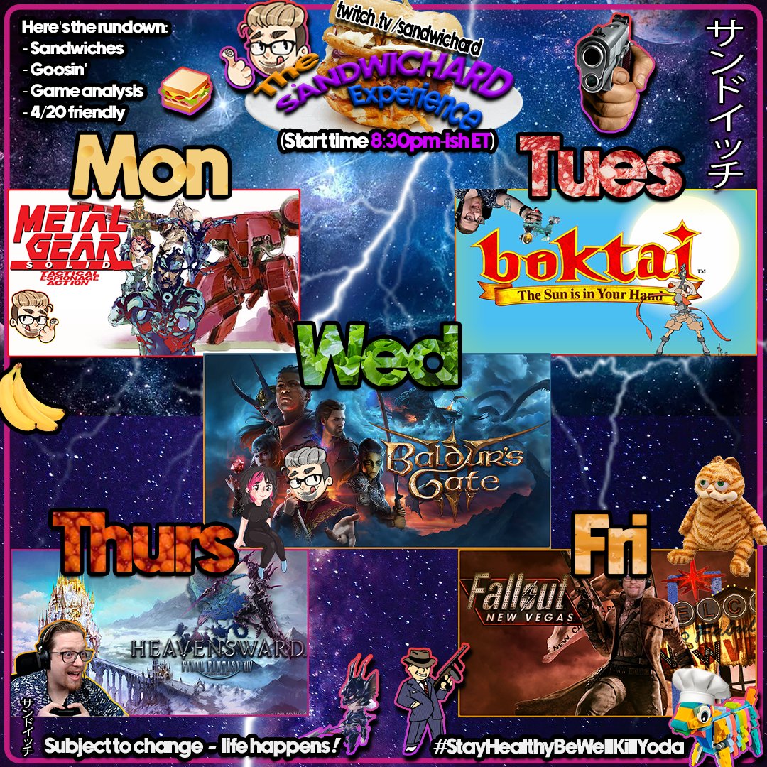 thesandwichard's tweet photo. Schedule is up! #MetalGear, Boktai, #ff14, #fallout...

And a new Wednesday addition - #BaldurGate3! Let's see how a run goes, co-op with @Delsaria! https://t.co/L13is2WCM8