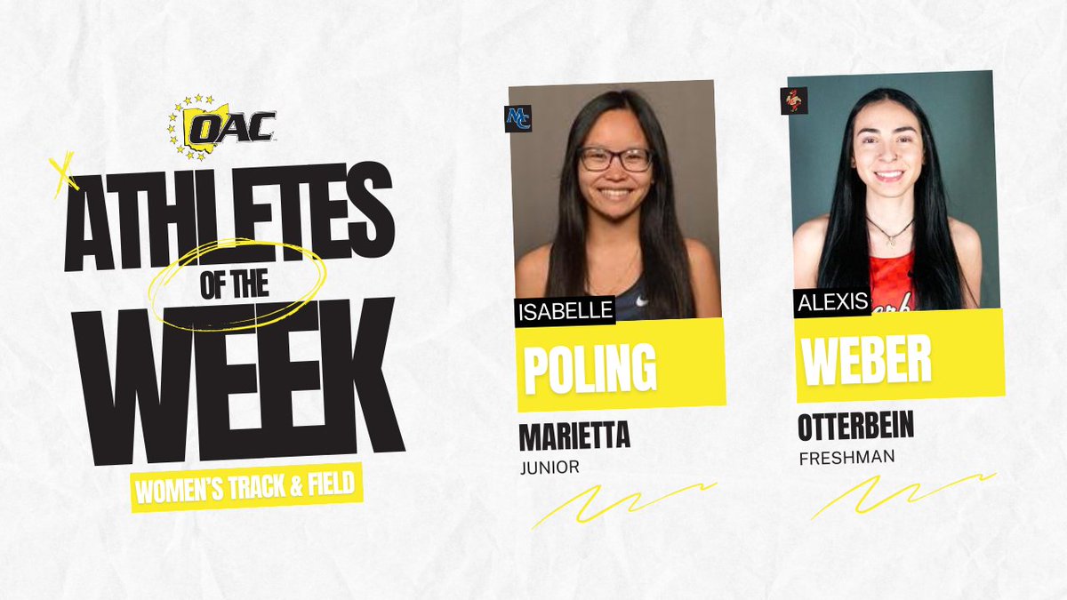 OHAthleticConf's tweet photo. Athletes of the Week | Women's Track &amp; Field

Isabelle Poling, @mariettapioneer
Alexis Weber, @ott_athletics

🔗:https://t.co/zDrklEro0i
#OAC #OACTrackandField🏃‍♂️ https://t.co/OZL8wjfQgc