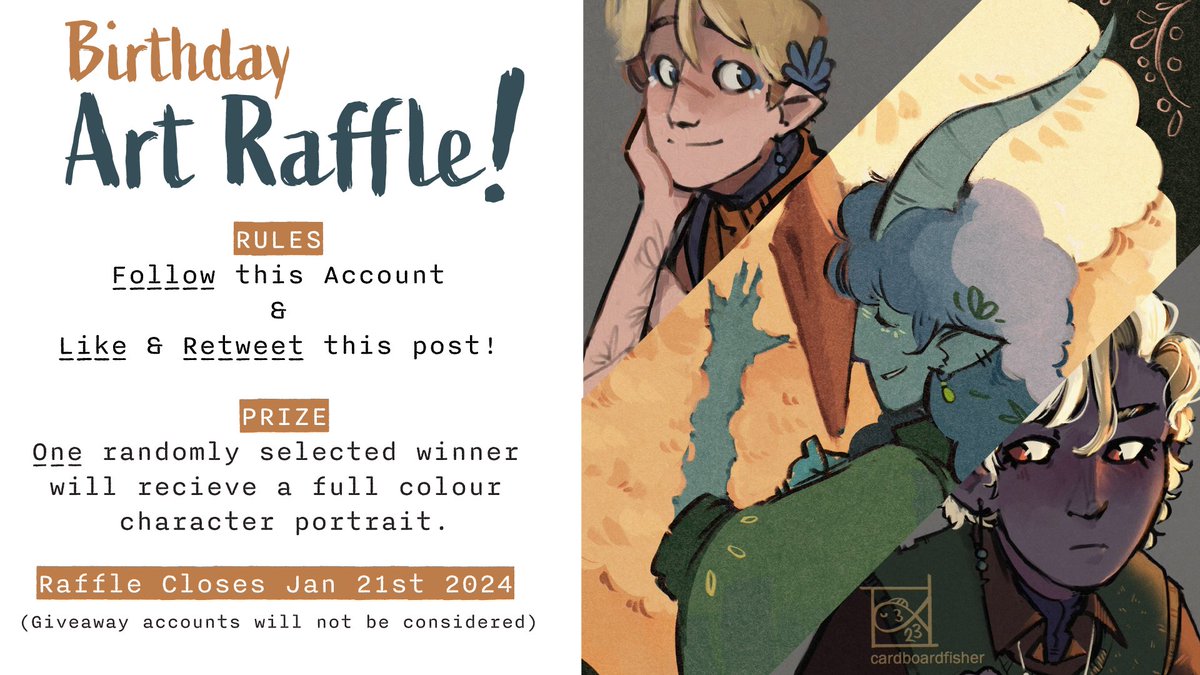 cardboardfisher's tweet photo. So, my birthday is next week &amp; I feel like holding a lil art raffle to celebrate ~ ✨

✨Follow, Like &amp; Retweet to Enter
✨One winner with recieve a free character portrait
✨Ends Jan 21st, 11pm GMT

#characterart https://t.co/Q1aJtSWxnV