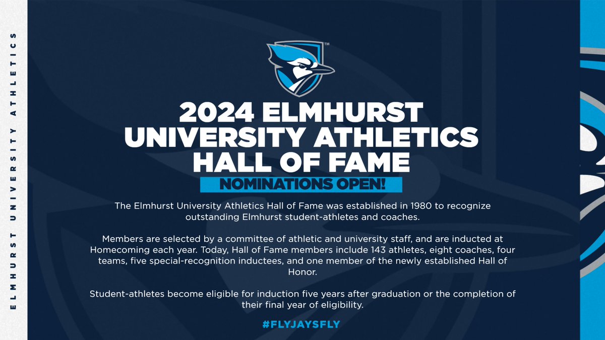 Elmhurst University Athletics is seeking nominations for our Hall of Fame Class of 2024! Visit the link below to nominate. #FlyJaysFly 🔗elmhurstbluejays.com/sb_output.aspx…