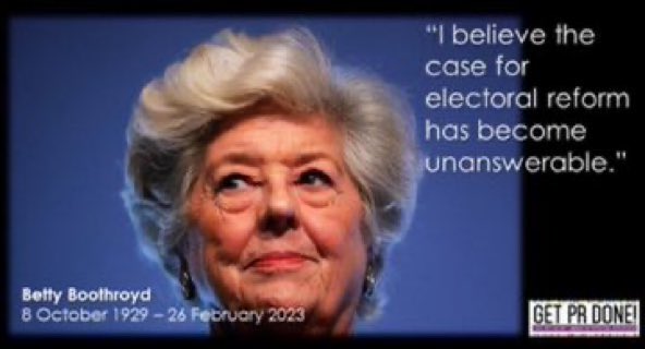 Betty Boothroyd was of course also a keen supporter of electoral reform.
#GetPRDone 
#ProportionalRepresentation 
#FairVotes #MakeVotesMatter 
#BettyBoothroyd