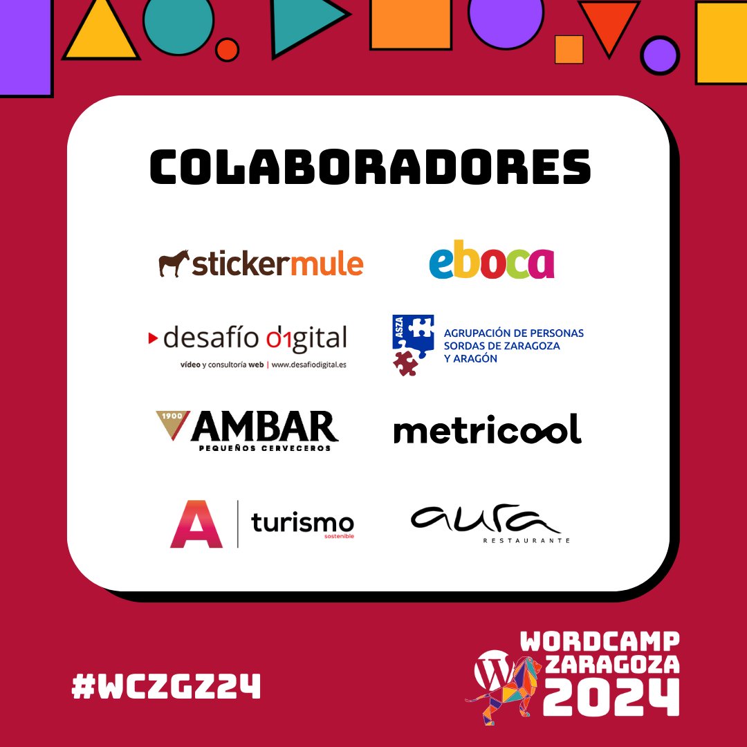 zaragozawp's tweet photo. 💥Colaboradores de #WCZGZ24  💥

Gracias a todos nuestros colaboradores por echarnos una mano en la #WordCamp 🙌

@stickermule Desafío Digital( @fdesafio @jdelaiglesia )@AszaAragon @eboca @cervezasambar @Metricool_es @aragonturismo  @AuraRestaurante 

#WordPress #MarketingDigital https://t.co/f5FV7L3GxJ