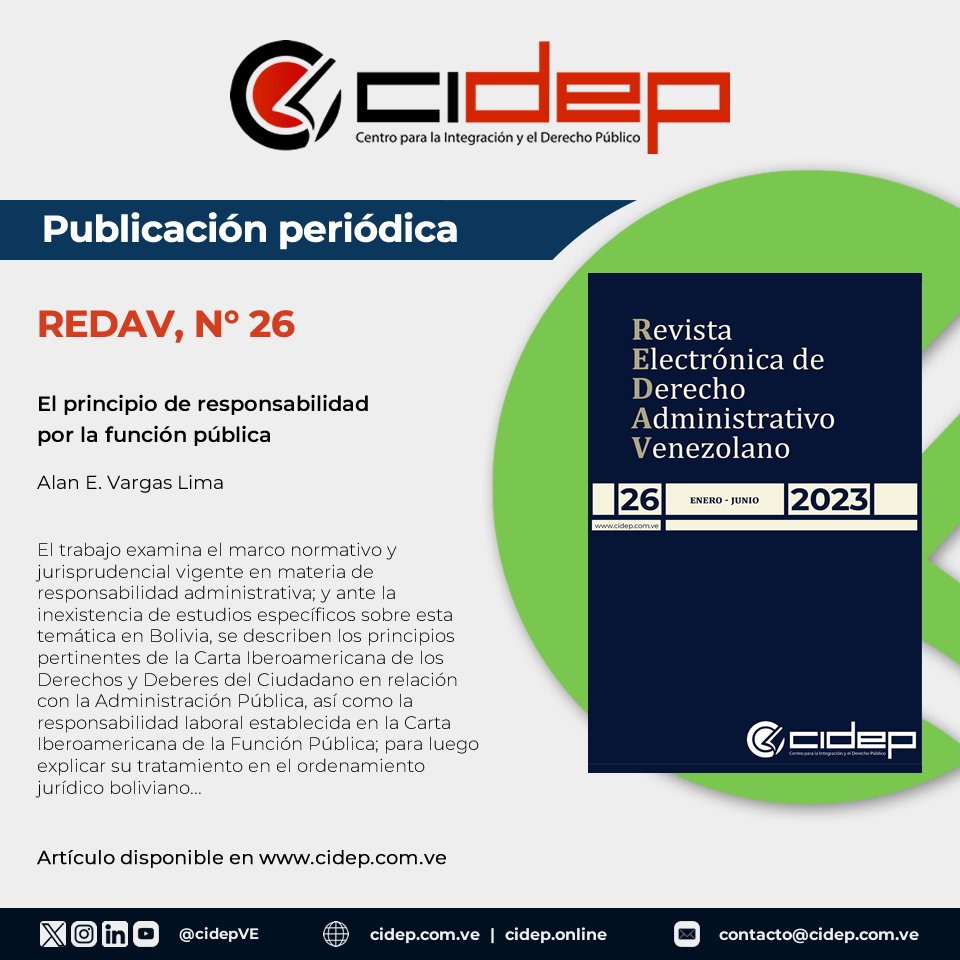 "El principio de responsabilidad por la función pública" de Alan E. Vargas Lima, en el N° 26 de la Revista Electrónica de Derecho Administrativo Venezolano - <a href="/redav2012/">REDAV</a> (catalogada en <a href="/Latindex/">Latindex</a>) cidep.online/ojs/index.php/…