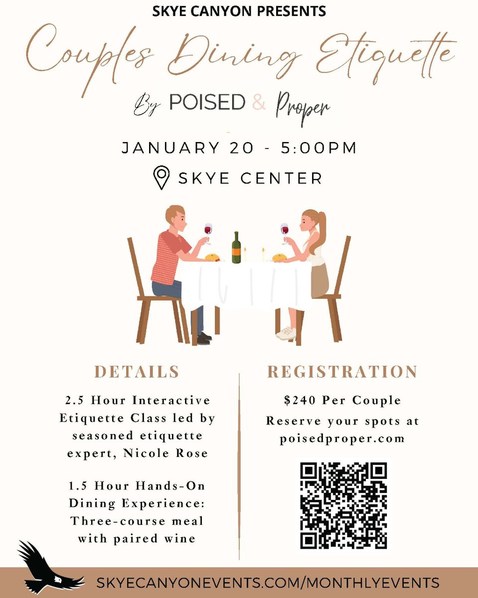 REMINDER: Couples Dining Etiquette is this Saturday 🍽️

Join us at Skye Center for a unique and romantic evening where you and your honey will learn the nuances of sophisticated dining etiquette. poisedproper.com/event-details/…