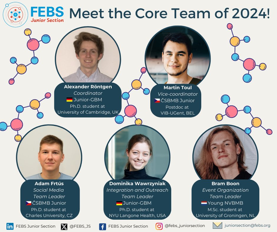 FEBS_JS's tweet photo. 🌟Meet the Core Team of 2024! 🚀
We're thrilled to introduce the young scientists who make up our Core Team for 2024. Get to know the amazing people who drive our shared mission! ✨

#YoungFEBS #FEBS_JS #febsjuniorsection https://t.co/AXsdPai7GA