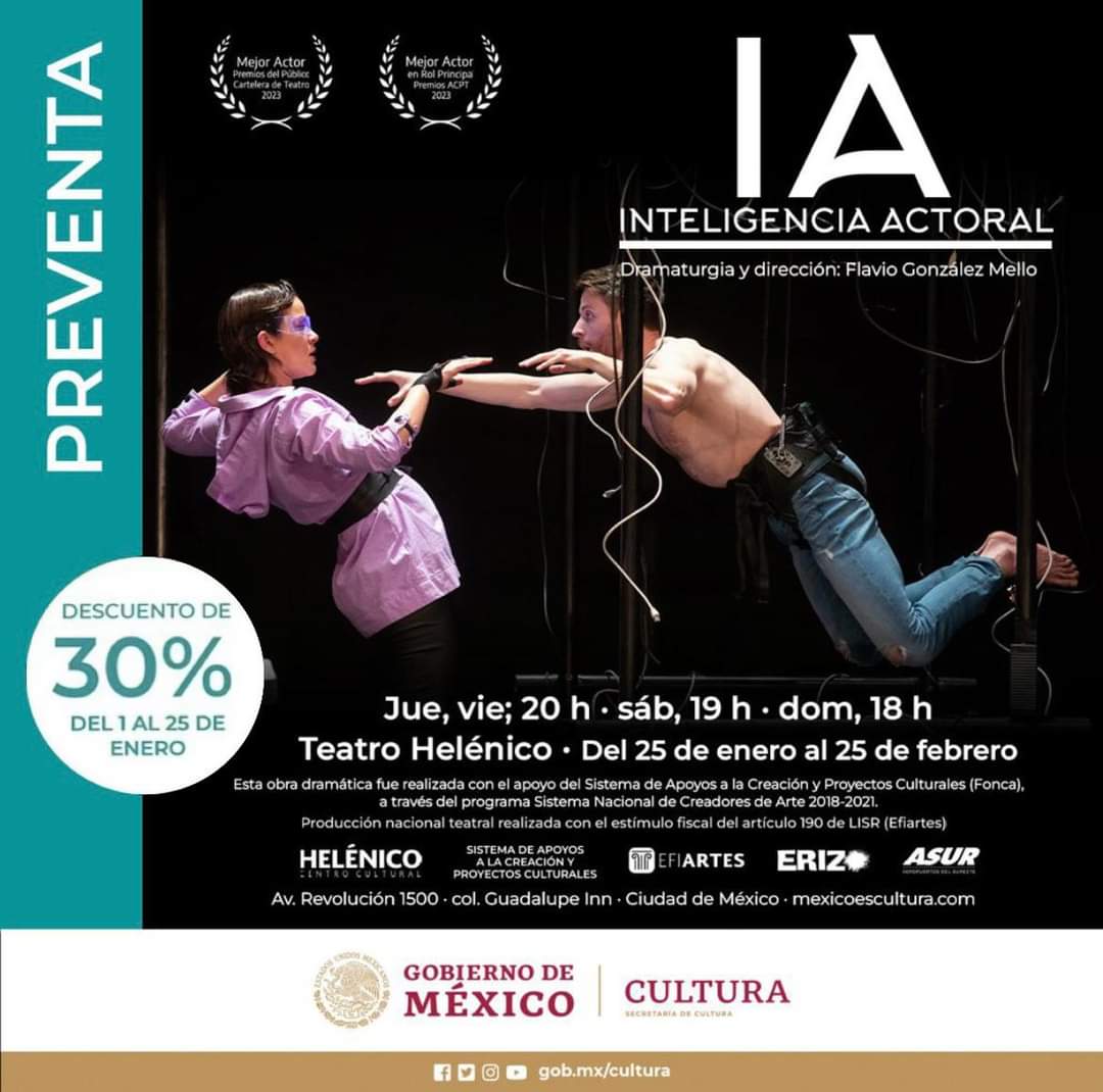 El 25 de enero inicia la segunda temporada de "Inteligencia Actoral" en el teatro del <a href="/Helenico/">Centro Cultural Helénico</a>.

Con <a href="/dobrinacristeva/">dobrina cristeva</a>, <a href="/CarlosAragn1/">Carlos Aragón</a>, <a href="/RobertoBeck90/">Roberto Beck</a>, <a href="/elenadelrioo/">Elena del Río</a>, Diana Sedano, <a href="/VeronicaDeAlba/">Verónica De Alba</a> y Fernando Rebeil.

Conoce detalles de la obra, da clic aqui youtu.be/ambNErpI-Uk?si…