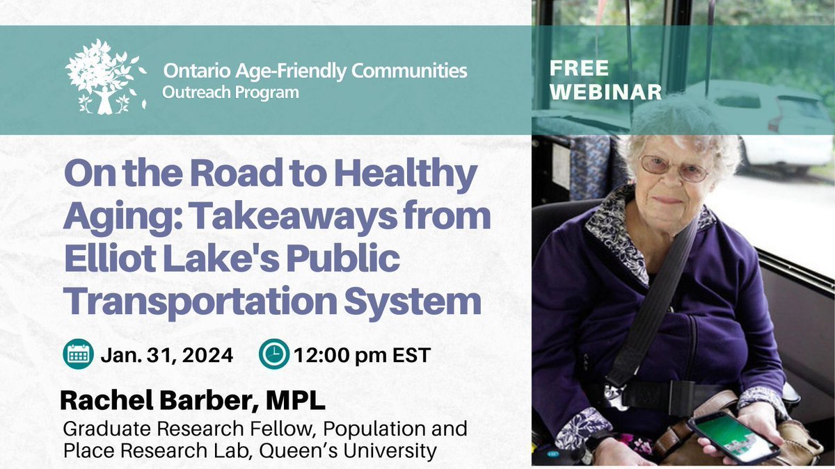 CSAH_PC's tweet photo. Join us Jan. 31st for a free webinar, "On the Road to Healthy Aging: Takeaways from Elliot Lake's Public Transportation System". Presenter Rachel Barber shares her findings on assessing health care &amp; public transportation services in the community. 

https://t.co/5W7m4LoT7P https://t.co/lJsDk4AANw