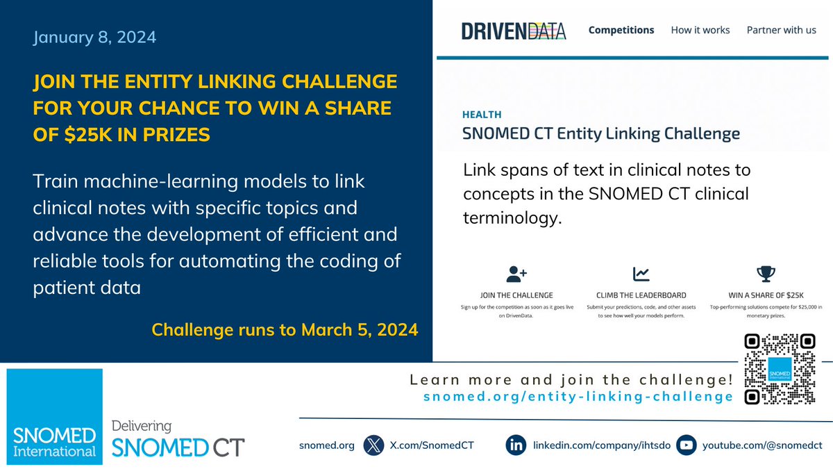 Reminder: The #SNOMEDCT Entity Linking Challenge, which will advance the development of Entity Linking models that operate on unstructured clinical texts, is open until March 5! For all the details, visit lnkd.in/grQ-iBhd