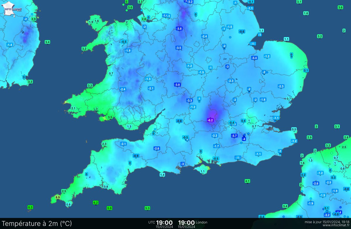 Benson in S Oxfordshire the notorious frost hollow is finally getting to work, temps are plummeting.

Reporting a very chilly -6.2C at 7pm, if conditions remain good overnight likely negative double digits.