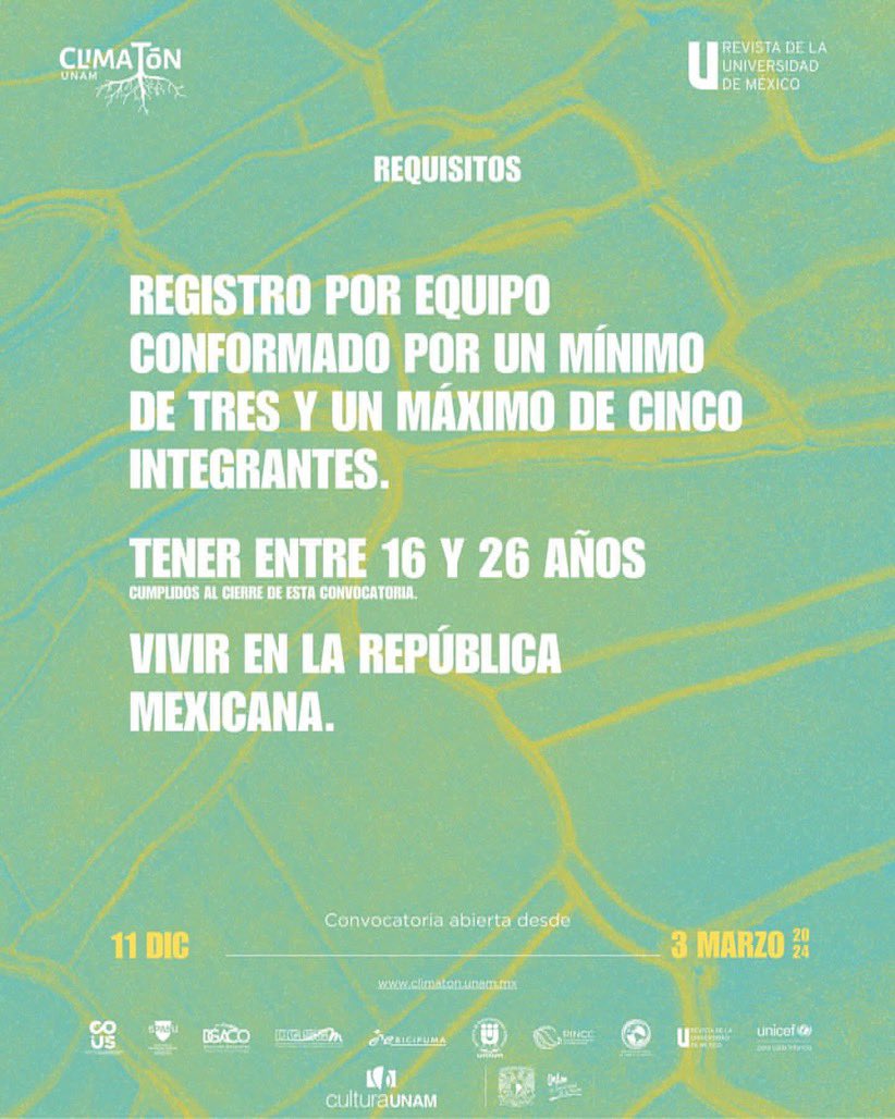 Conoce los requisitos para postularte en la página climaton.unam.mx

✍️Regístrate a partir del 15 de enero llenando el formulario. 

Para cualquier duda o aclaración, escribe a climaton@revistadelauniversidad.mx.

¡Esperamos tu proyecto!
#Climaton #CuartaEdición