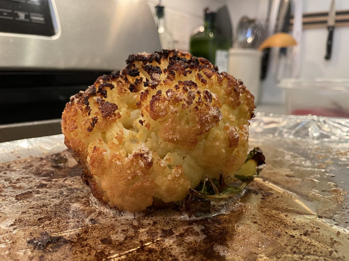 Certifiably @ottolenghi. 🫡

Roasted whole head of cauliflower with butter & oil baste, flaky @maldonsalt, & a green tahini sauce when served. 🥵