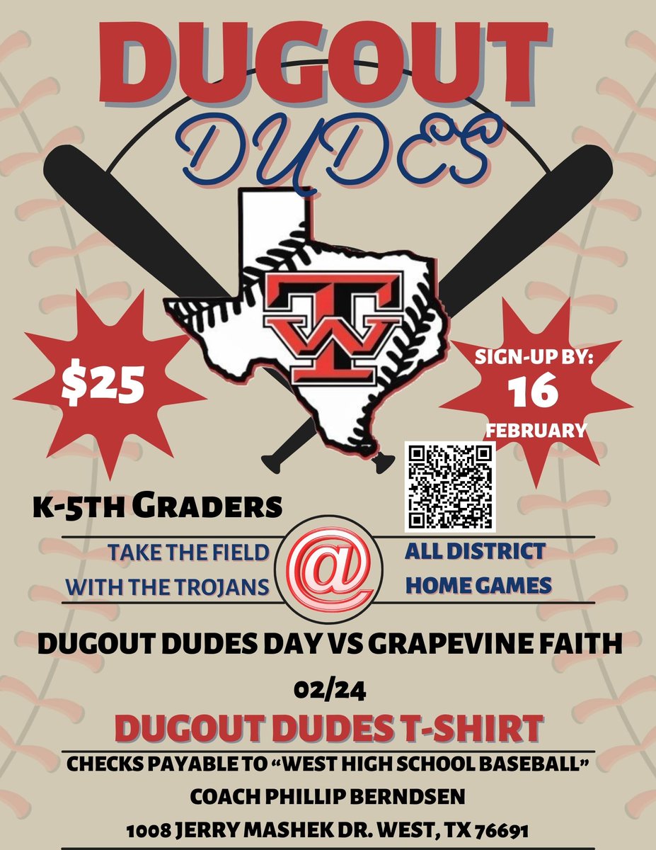 WestTrojanBase1's tweet photo. Excited to announce our 2024 Dugout Dudes! Saw so much growth in our young men and excitement from our youth last year, that I could not be more excited for it again in '24. Sign your future Trojan up today for this exciting experience.
#uncommon #standardoverfeelings #TheCOMMA https://t.co/JPJSEubx2x