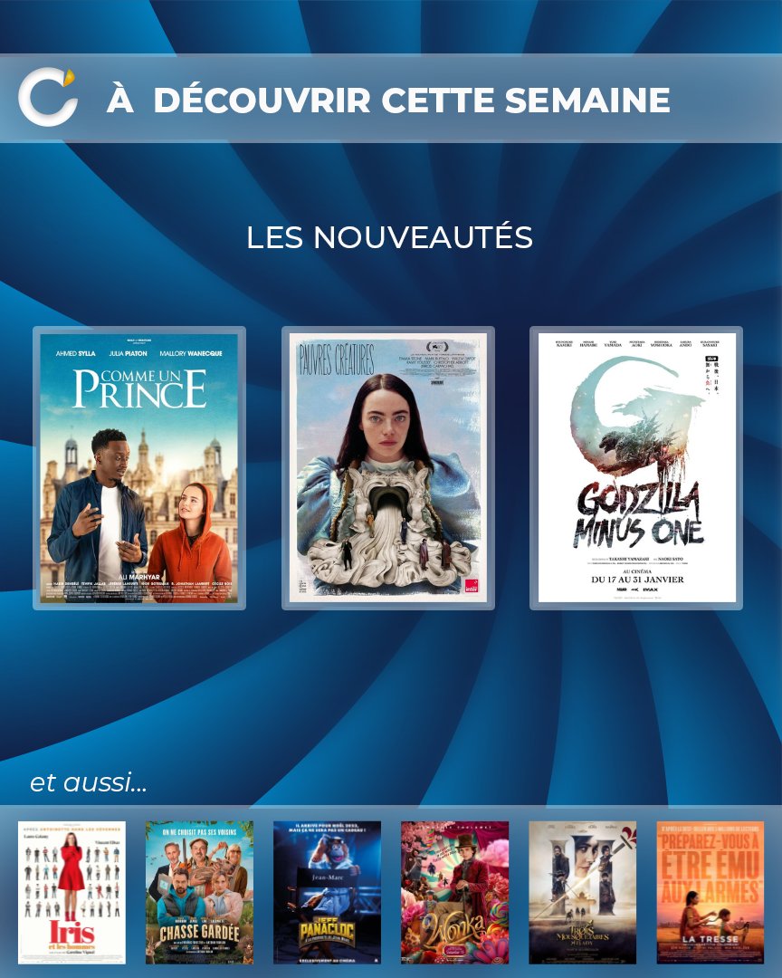 stseb44's tweet photo. 📷 SORTIE DU 17 JANVIER 2024
À partir de mercredi venez découvrir :
📷 Comme un prince
📷 Pauvres créatures
📷 Godzilla Minus One
Ils quittent l’affiche ce mardi soir :
📷 3 jours max
📷 Kina et Yuk
Réservez vos places sur notre site https://t.co/RhozJoWgUZ... ou à nos caisses. https://t.co/3HWkXLEQZo