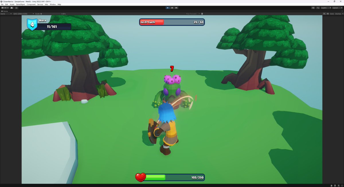 freamdev's tweet photo. End of day 2 of making Clicker Warrior! Very happy with my new method of animating the damage numbers!

#gamedevelopment #unity3d #cute #cacti #indiegame #indiedev https://t.co/h0UqhUjoYu