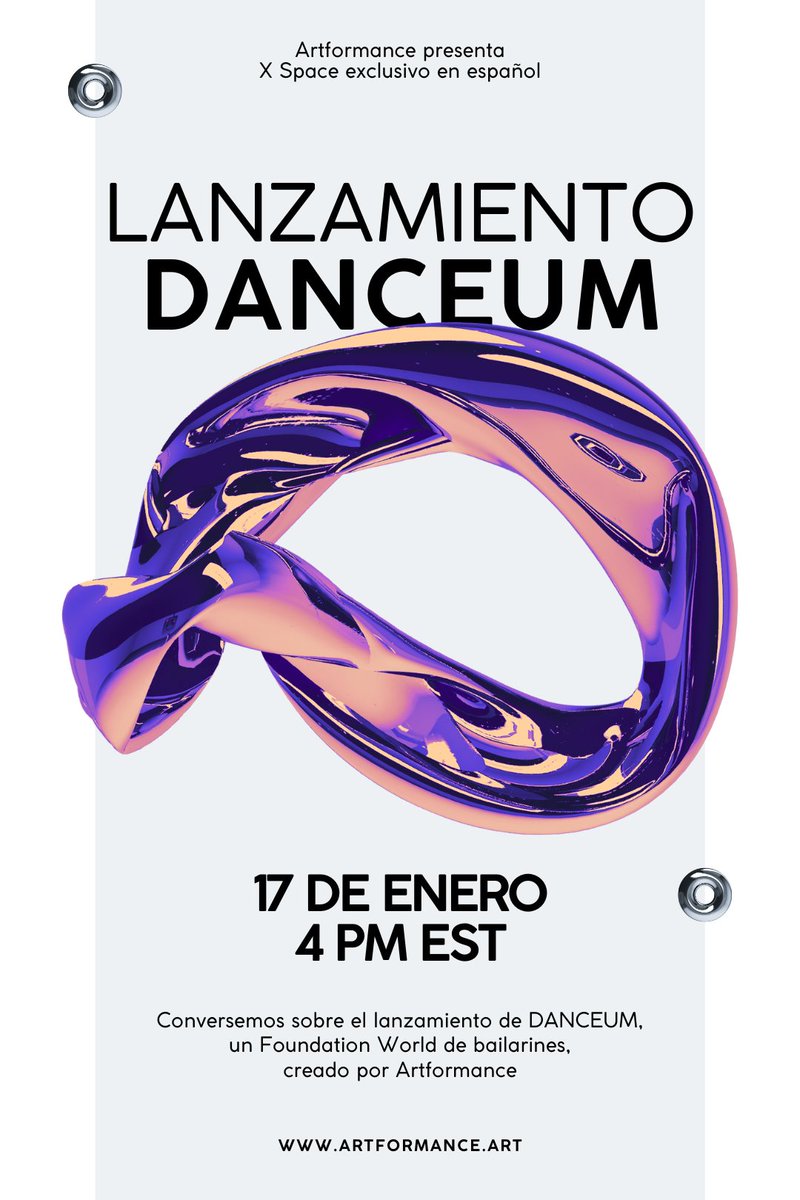 Este miércoles 17/01 a las 4 PM EST tendremos un X Space en español con la comunidad de la danza.

Lanzamiento de 𝐃𝐀𝐍𝐂𝐄𝐔𝐌, un @Foundation 🌐 World exclusivo de bailarines.

#artformance #dance #events #IRL #NFT #digitalart #danceNFT #musicNFT #NFTs #Foundation