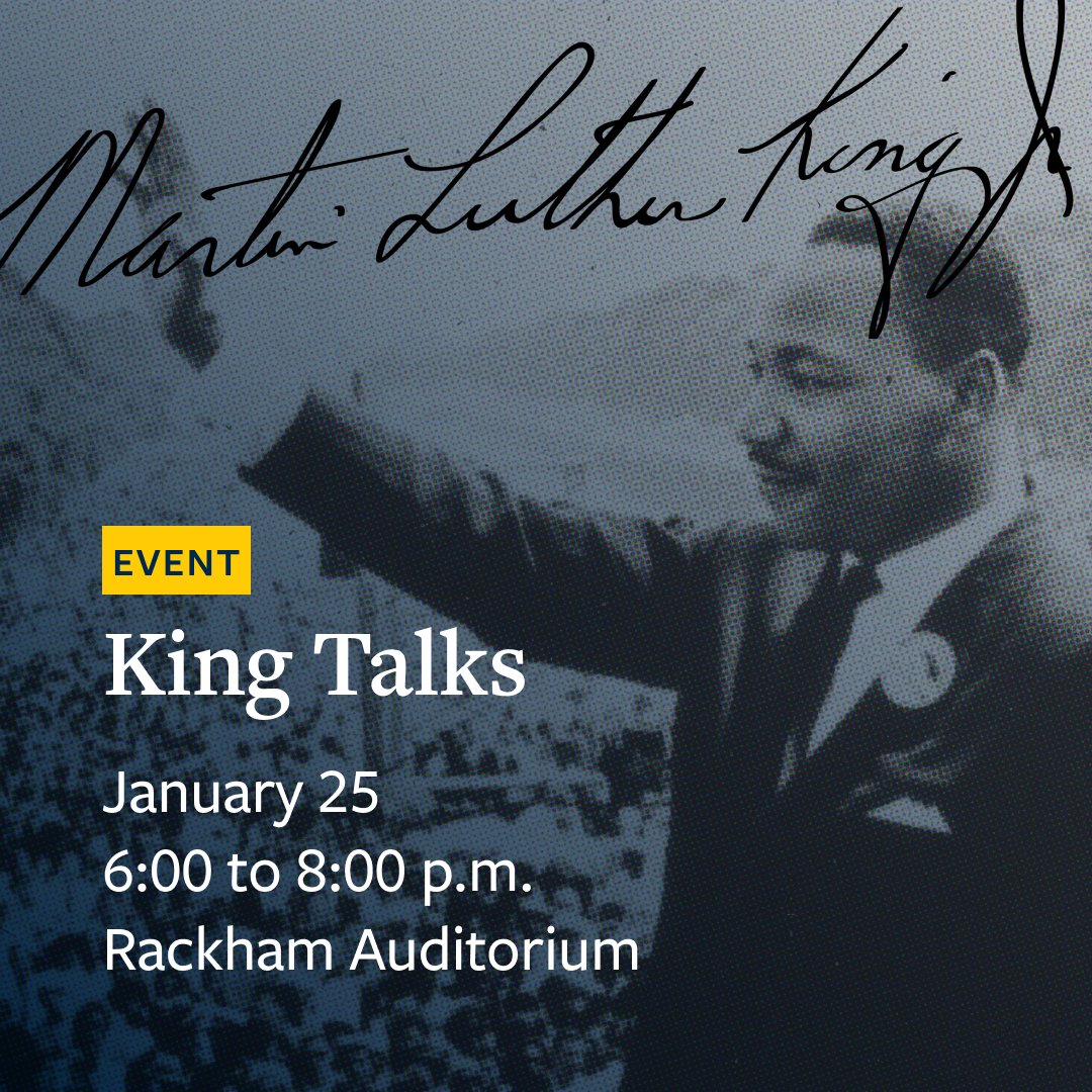 umichgradschool's tweet photo. โ
Are you registered for the 2024 King Talks on 1/25 from 6-8 pm in Rackham Auditorium? The time is now: https://t.co/z7j0guR9c1
Ft. talks by Kati Lebioda, Julianne Armijo, Amna Rizvi-Toner, Gabrielle Young, Penny Kitsopoulos, & Julianna Loera-Wiggins.
#GradSchool #KingTalks https://t.co/nroMdcT8OM