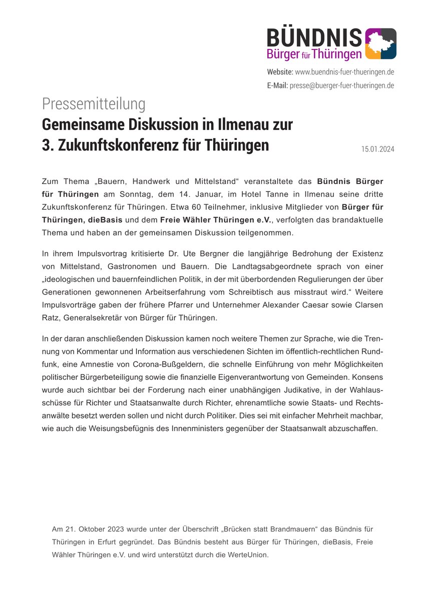 BuendnisTH's tweet photo. Nach unserem #BufüThü-Plenum zur Vorbereitung von #Kommunalwahlen, #OB- und #Landrat'swahlen sowie #LtwTH2024 fand gestern in Ilmenau die 3. #Zukunftskonferenz statt. Thema: "#Bauern, #Handwerk und #Mittelstand". https://t.co/exCOj5ixDR