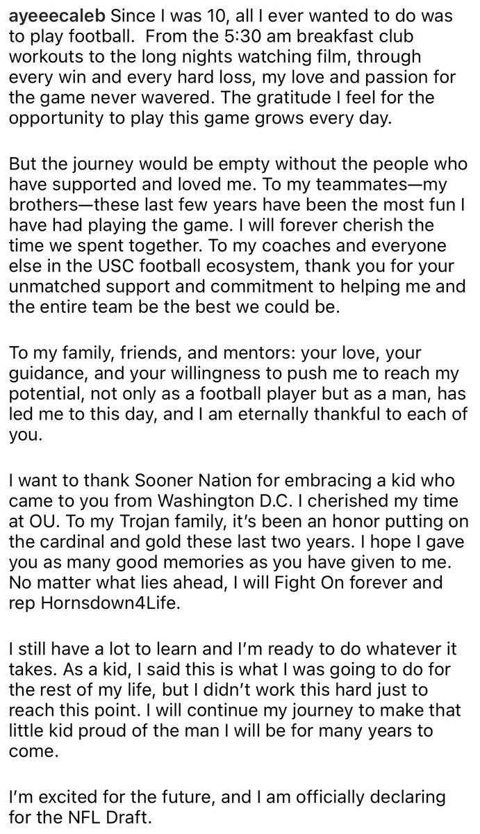 From Caleb Williams’ IG on the decision to enter the 2024 NFL Draft: