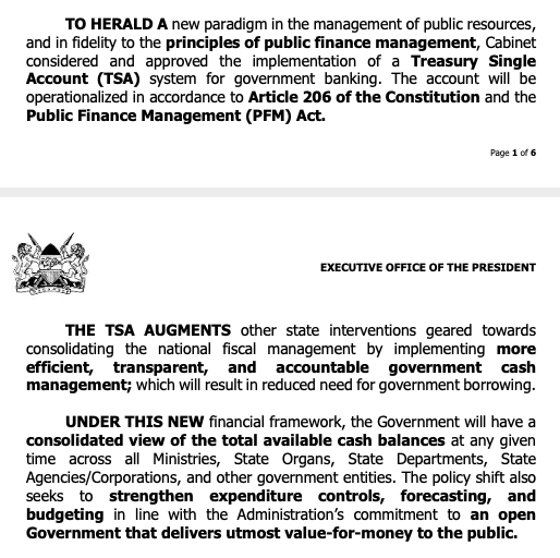 AmbokoJH's tweet photo. Jan 15th, 2024 marked a huge milestone in Kenya's public finance management.
The Cabinet endorsed the set up &amp; operationalisation of a Treasury Single Account for government banking (National &amp; County govts).
This is a huge step for Kenya.
Some thoughts, a 🧵 https://t.co/PRtK7e3t4H