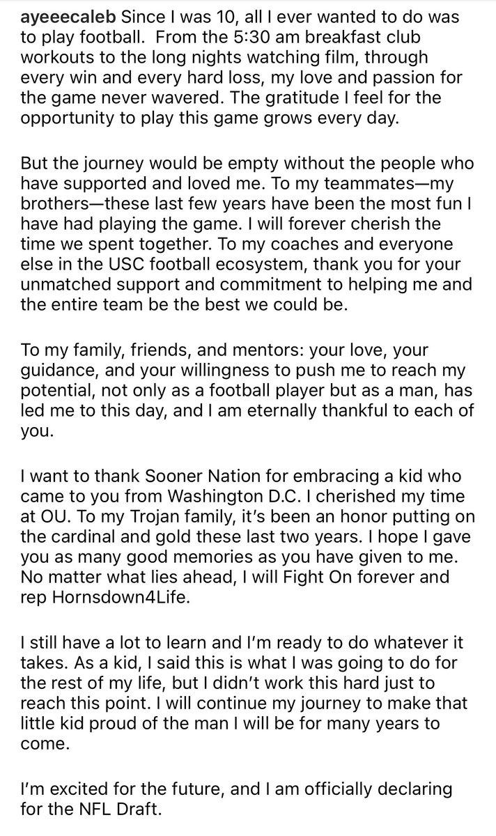 Here is what Caleb Williams posted on Instagram, officially announcing he is declaring for the NFL Draft.