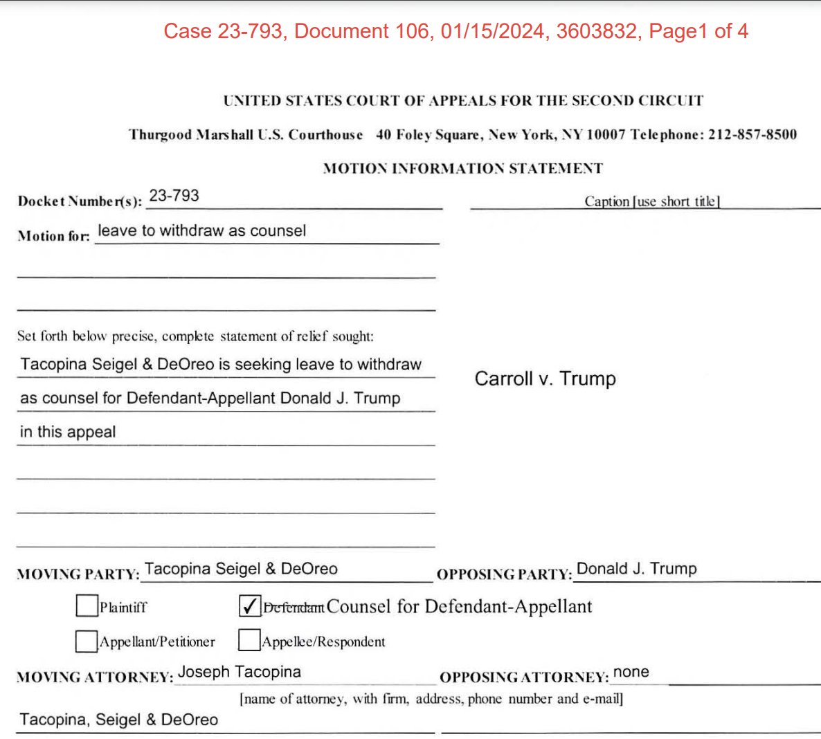 innercitypress's tweet photo. Trump docket, Tacopina out: the day before Caroll v. Trump 2d trial, Joe Tacopina filed to be "relieved" from Trump's appeal of verdict in 1st case, which Trump says Tacopina (mis) advised him to not attend. For 2d trial, already TV truck and barricades @SDNYLIVE https://t.co/JnbJZH4VuI