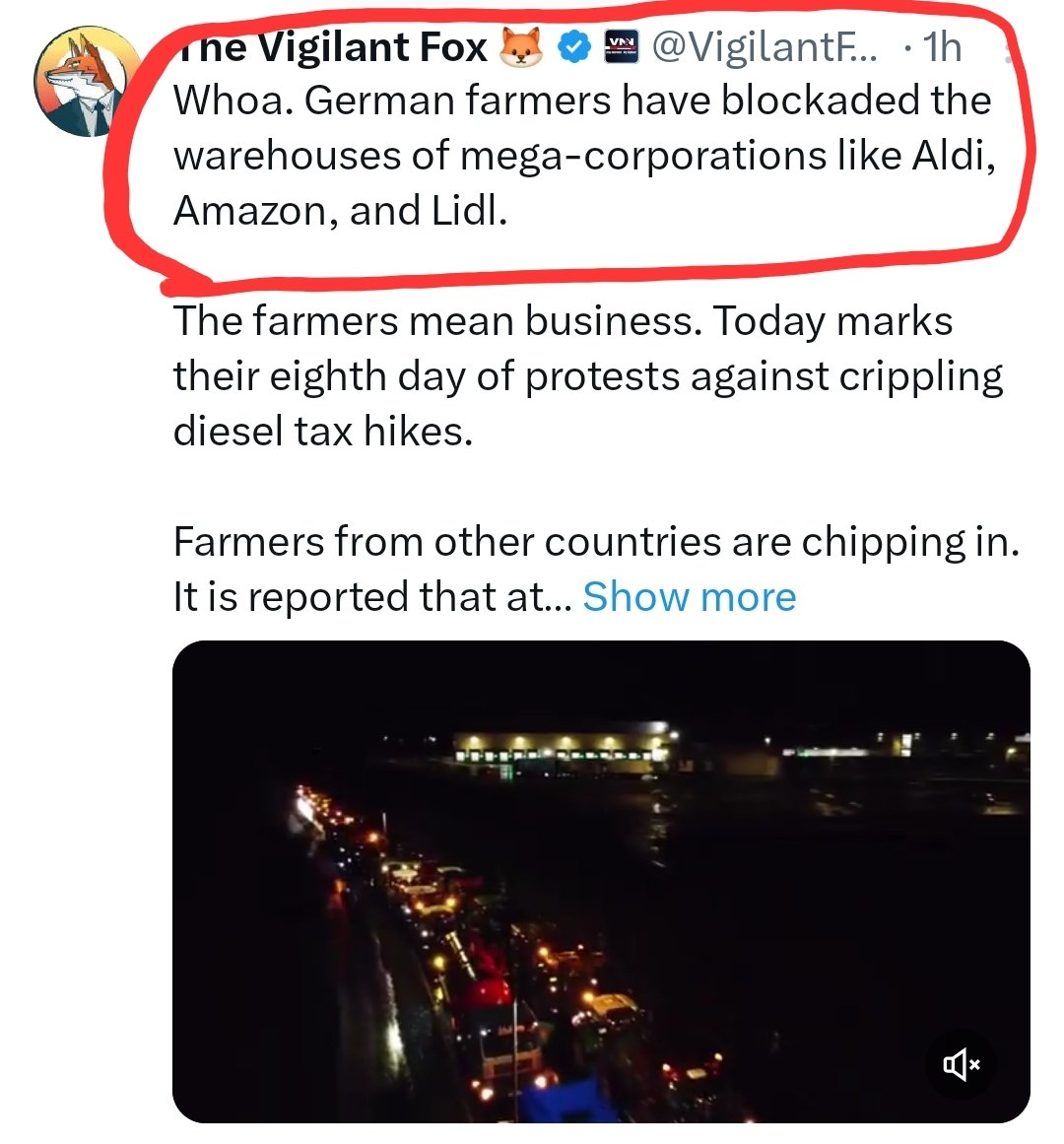 TheMatrixology's tweet photo. "Whoa. German #farmers have #blockaded the warehouses of mega-corporations like Aldi, Amazon, and Lidl."
__

2024 = "#Gardon Block" - @22_Savage22

#TheMatrixology

https://t.co/z7rz7TplId https://t.co/arcjoXRIx4
