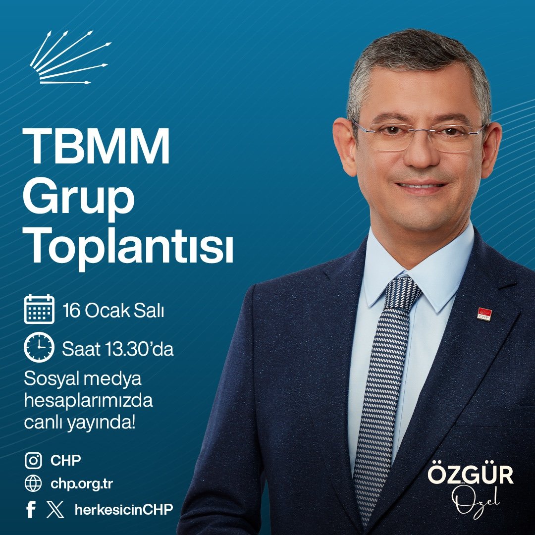 OzgurKarabat34's tweet photo. CHP TBMM Grup toplantısı yarın saat 13:30'da...

Genel Başkanımız Sayın Özgür Özel, yarın partimizin TBMM Grup Toplantısı’nda gündeme ilişkin değerlendirmelerini paylaşacak. Grup toplantımızı tüm sosyal medya hesaplarımızdan canlı izleyebilirsiniz. @herkesicinCHP @eczozgurozel

🗓️ 16 Ocak Salı
📍TBMM
🕥 13:30
