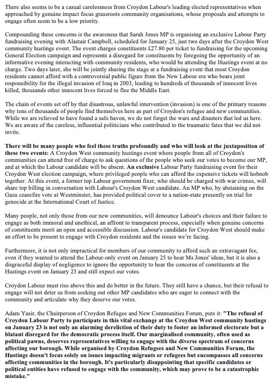 Is Croydon Labour evading democratic accountability? Our statement raises concerns over their repeated absence from community engagements. Despite numerous invites, their no-shows seem to reflect a lack of engagement with constituents. Join us on Jan 23, 2024, 6 pm at Share Cafe.