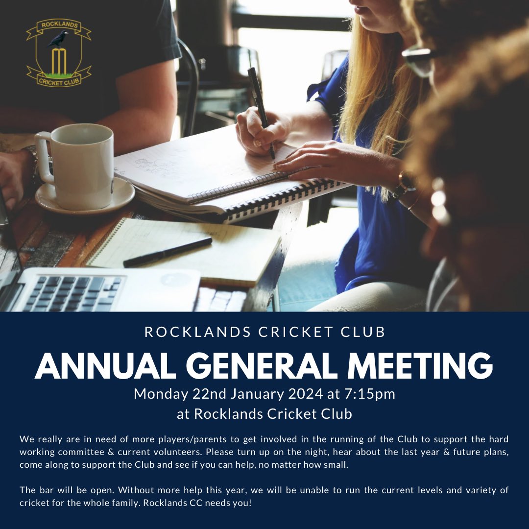 RocklandsCC's tweet photo. It is just one week until our AGM on Monday 22nd January starting at 7.15pm at the clubhouse.

Full details: https://t.co/fGuciPvU8e

If you want to help but can’t make the meeting please let us know.

For the Agenda and accompanying documents please email: RocklandsCC@gmail.com https://t.co/d8N9TlZ89F