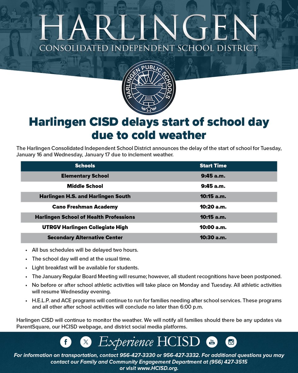 The school day will be delayed by two hours this Tuesday and Wednesday. 🕒📅
 
Please see the flyer for more details. ⬇️

El horario de clases se retrasará dos horas este martes y miércoles. 🕒📅

Consulte el folleto para obtener más detalles. ⬇️