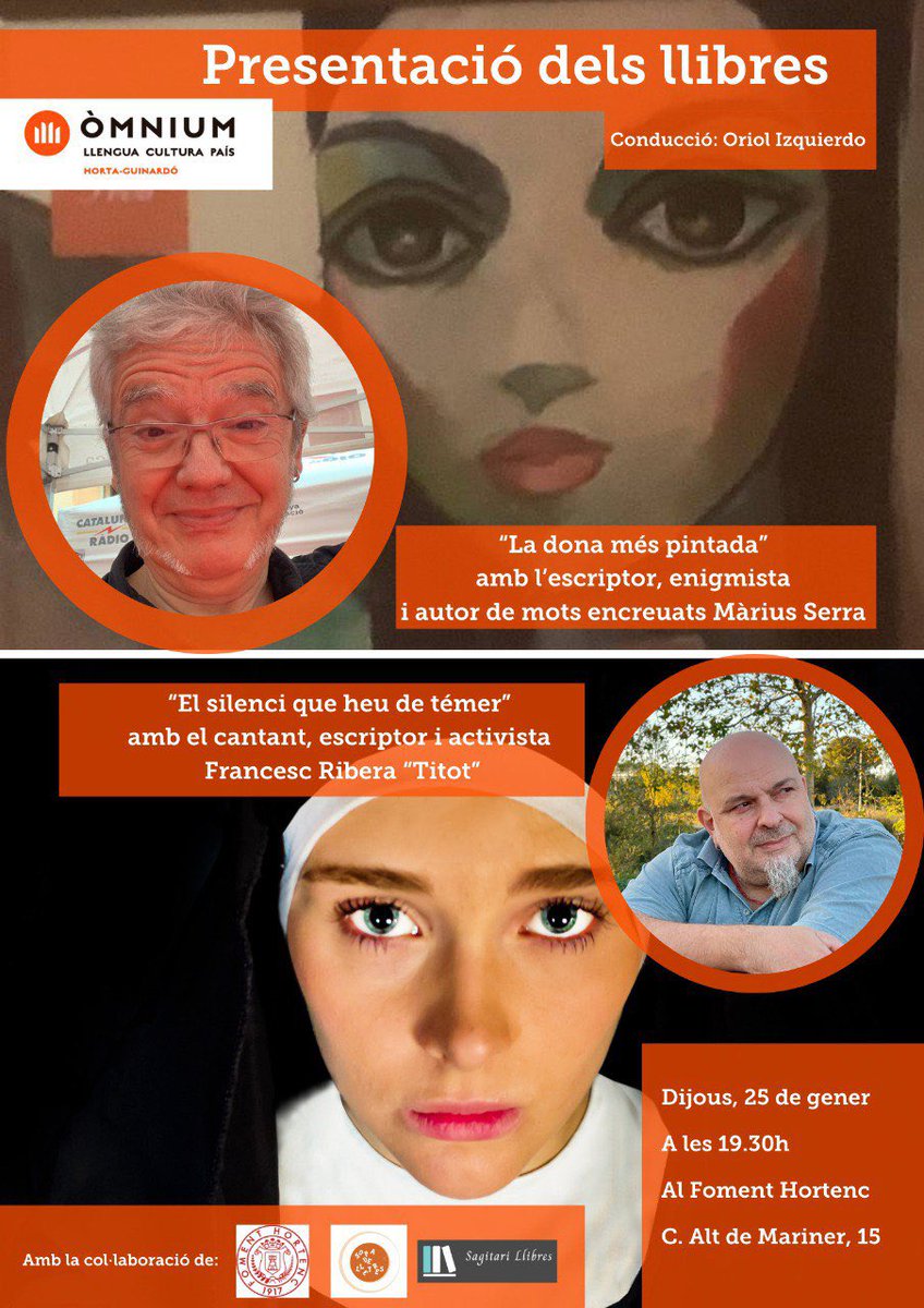 OmniumHG's tweet photo. 📖PRESENTACIÓ DELS LLIBRES DE MÀRIUS SERRA I FRANCESC RIBERA “TITOT”

Dijous 25.01 a les 19.30h @mariusserra i el cantant, escriptor i activista @francescribera “Titot” presentaran els seus llibres al @fomenthortenc 
L’acte el condueix l’escriptor @oriolil l’organitza @OmniumHG https://t.co/PBGT8j0i2k
