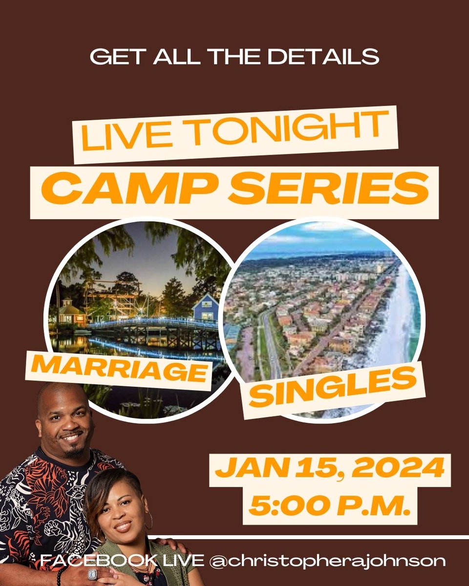 Join us on Facebook Live Tonight! We are giving details about Marriage Camp and Single's Camp!