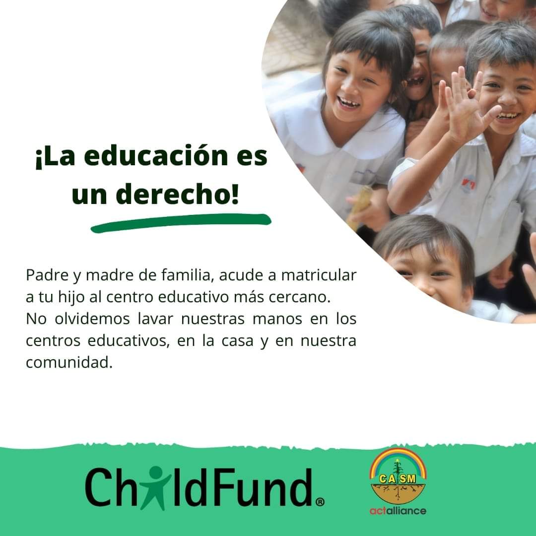 La educación es un derecho.

Matrícula a tus hijos en el centro educativo más cercano.
#casm #ChildFund 
#casmSantaBárbara