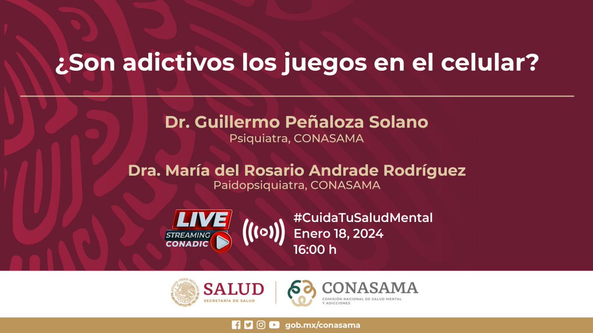 conasamamx's tweet photo. Si tienes alguna preocupación sobre el uso de los juegos en el celular de tus hijas/os o alumnas/os, no te pierdas el programa #CuidaTuSaludMental:

 📌FBLive: ¿Son adictivos los juegos en el celular?
📅 18 enero
🕓 16:00 h

#NosCuidamos #PorLaSaludMental https://t.co/chRVipgM1d