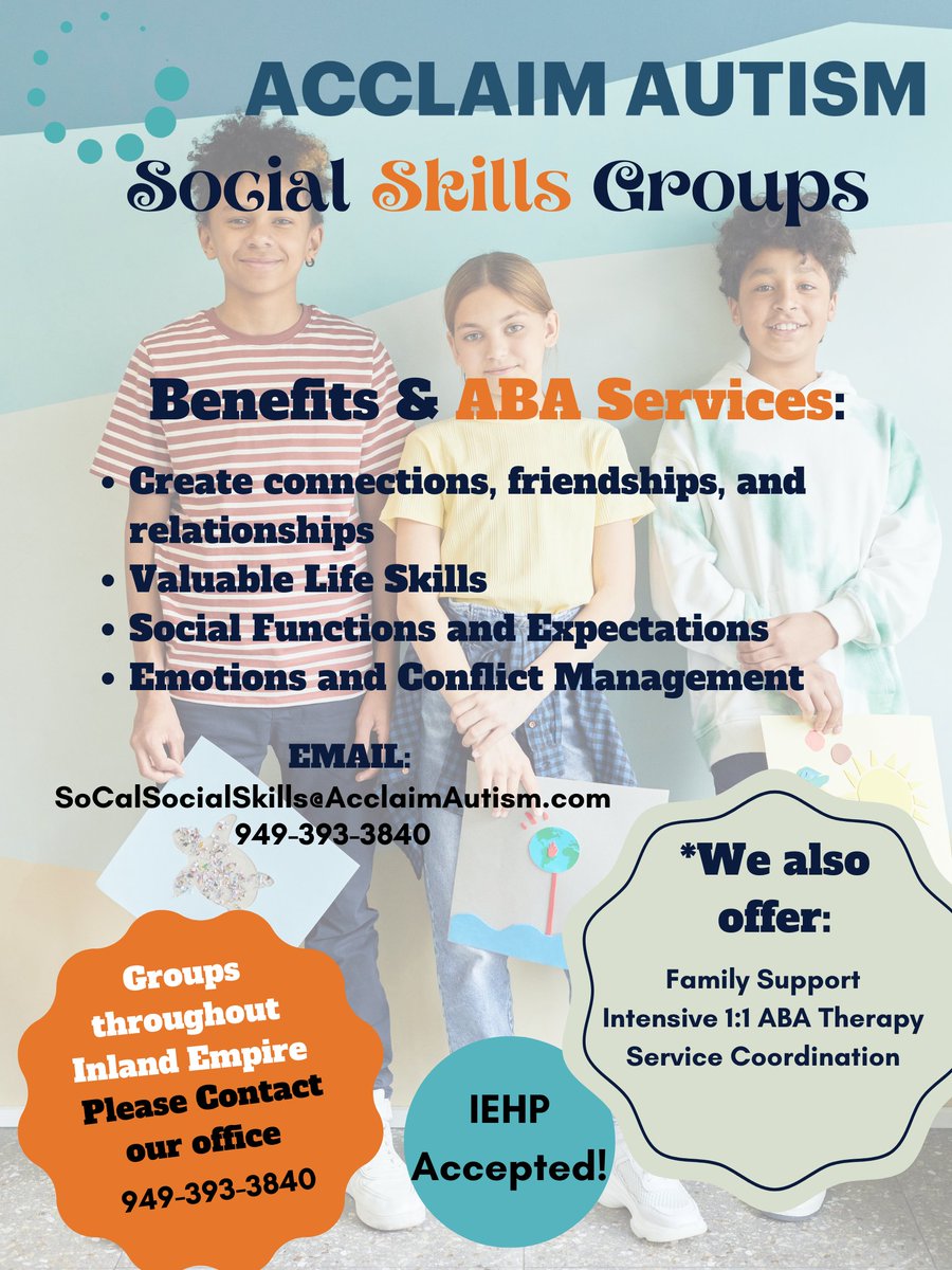 ARE YOU LOOKING FOR A SOCIAL SKILLS GROUP IN INLAND EMPIRE? Look no further! Acclaim Autism offers Socials Skills Group alongside our ABA services. If you're in the Inland Empire area CLICK THE LINK BELOW! #autism #family #acclaimautism loom.ly/-ugugzM