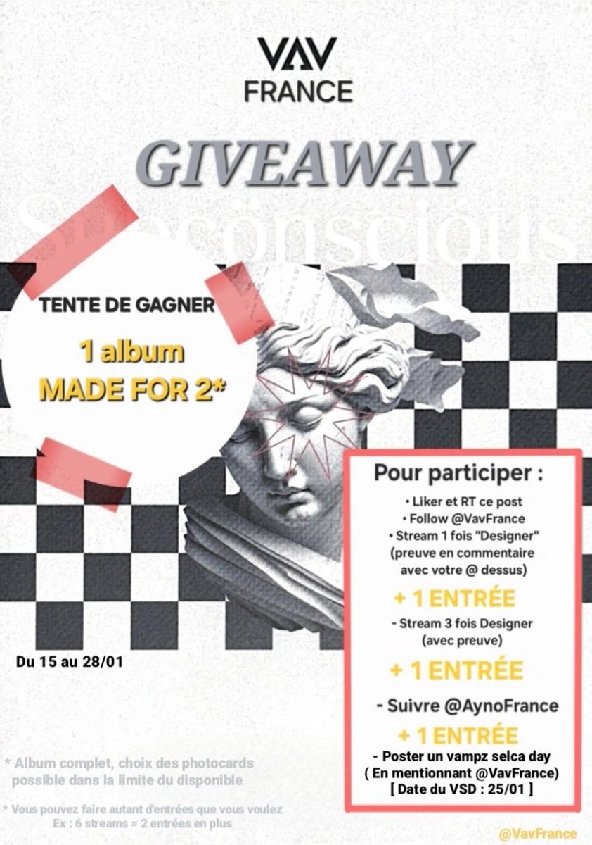 VavFrance's tweet photo. [ VAV FRANCE STREAM PARTY ]

Nous voilà de retour avec une nouvelle Stream party et plein de lots à gagner ! 
Pour cette première édition, tentez de remporter un album complet de MADE 4 TWO ! 

Fin du giveaway : le 28 janvier 

Suite en commentaire https://t.co/p65LQi7F9Q